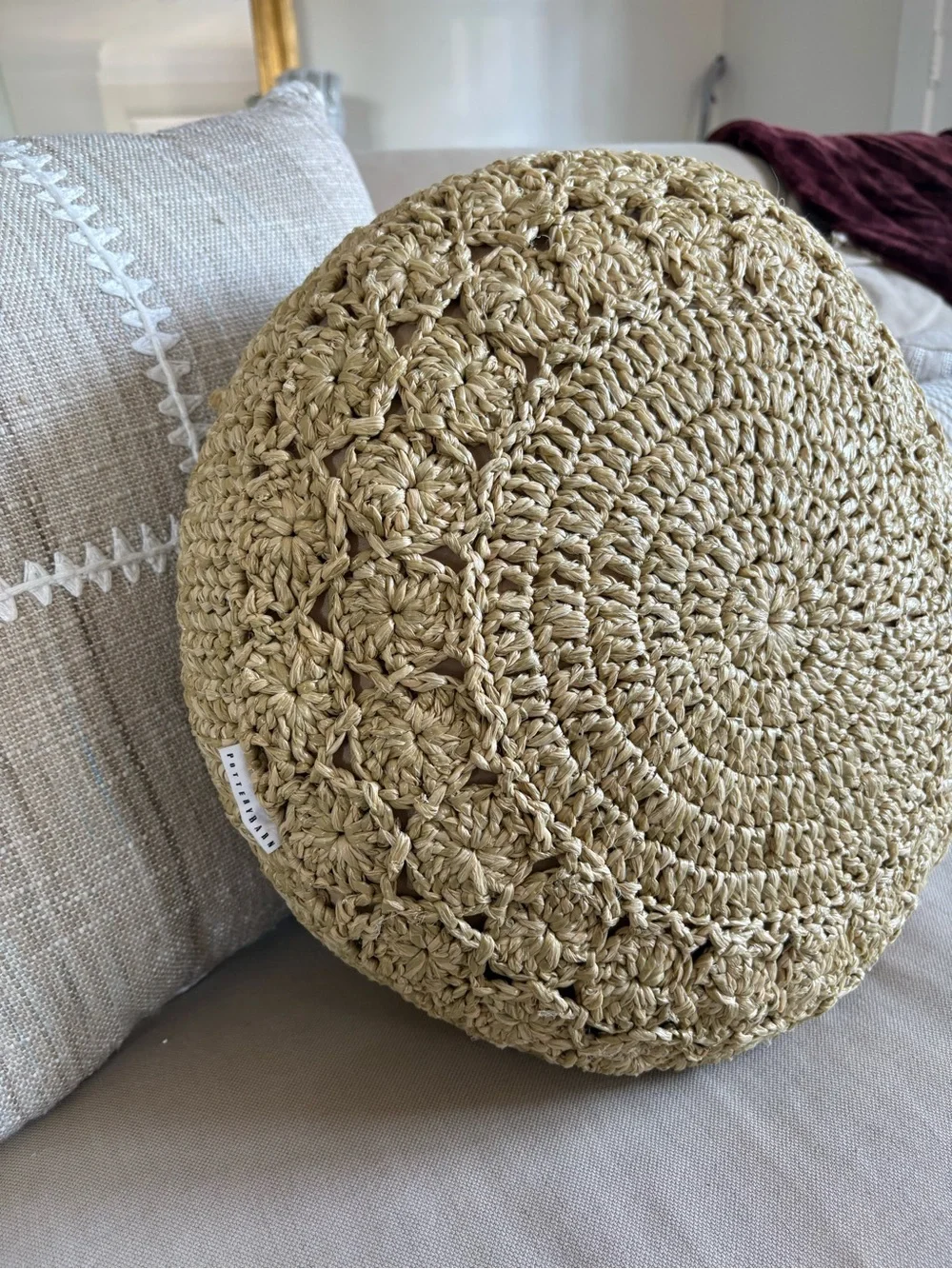 Pottery Barn || Round Crochet Raffia Accent Pillow Beachy Boho Tan Khaki